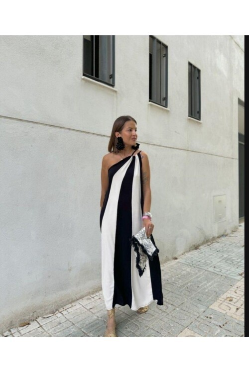 ÇİFT RENKLİ ELBİSE-SİYAH