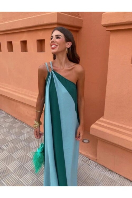 ÇİFT RENKLİ ELBİSE-MAVİ