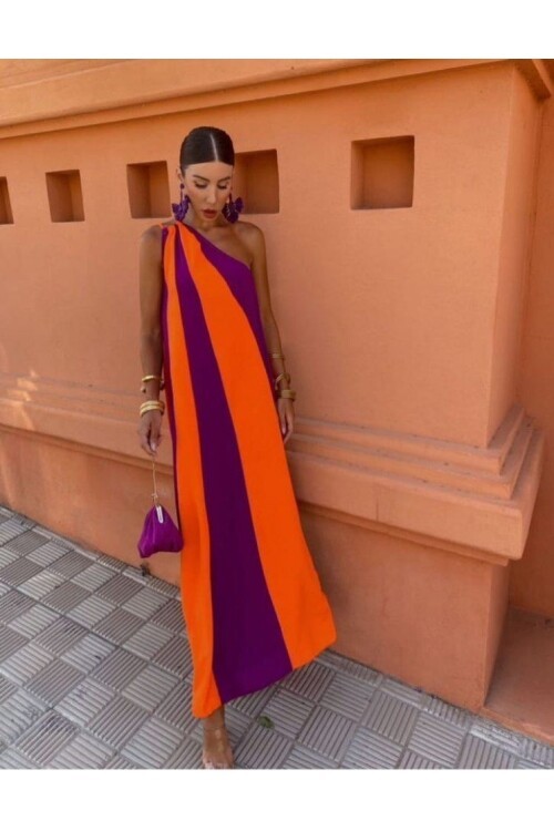 ÇİFT RENKLİ ELBİSE-TURUNCU