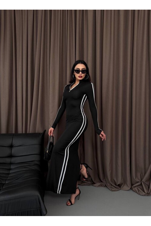 Şerit Detaylı Uzun Elbise