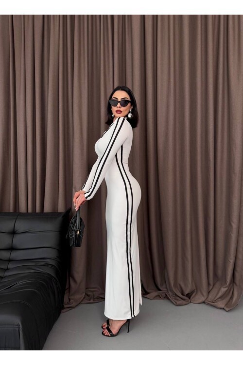 Şerit Detaylı Uzun Elbise