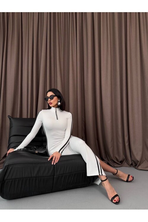 Şerit Detaylı Uzun Elbise