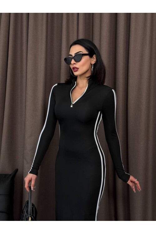 Şerit Detaylı Uzun Elbise