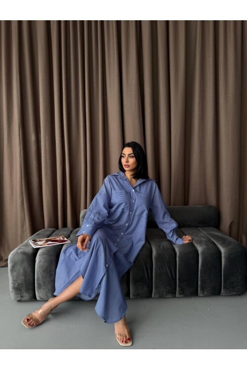 Çizgili Midi Gömlek Elbise