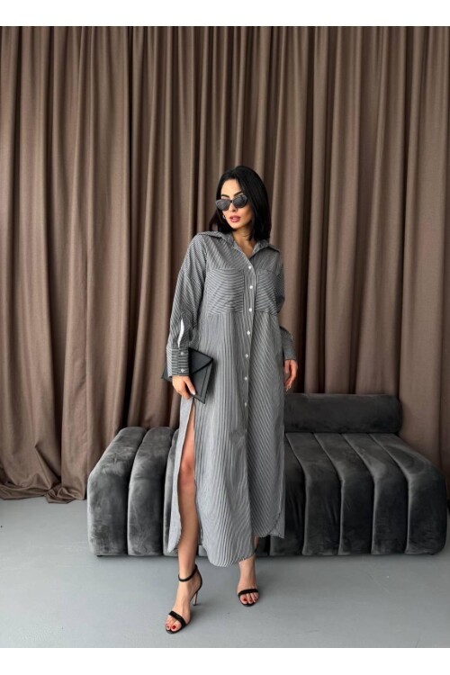 Çizgili Midi Gömlek Elbise