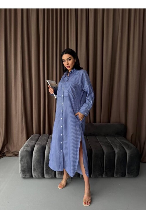 Çizgili Midi Gömlek Elbise