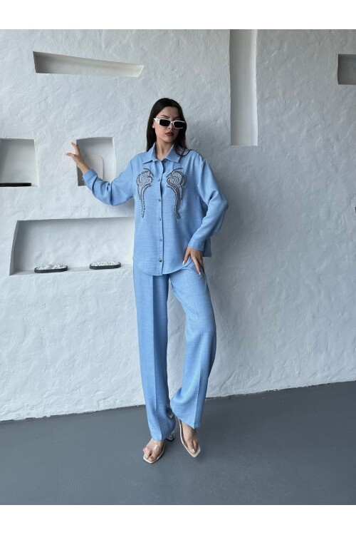 İşleme Detaylı Gömlek & Pantolon Keten İkili Takım