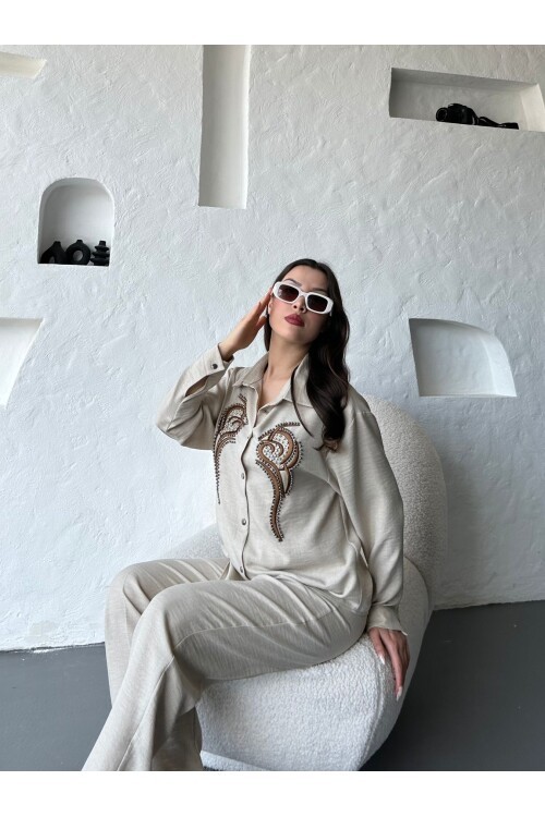 İşleme Detaylı Gömlek & Pantolon Keten İkili Takım