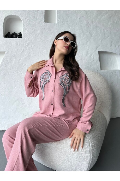 İşleme Detaylı Gömlek & Pantolon Keten İkili Takım