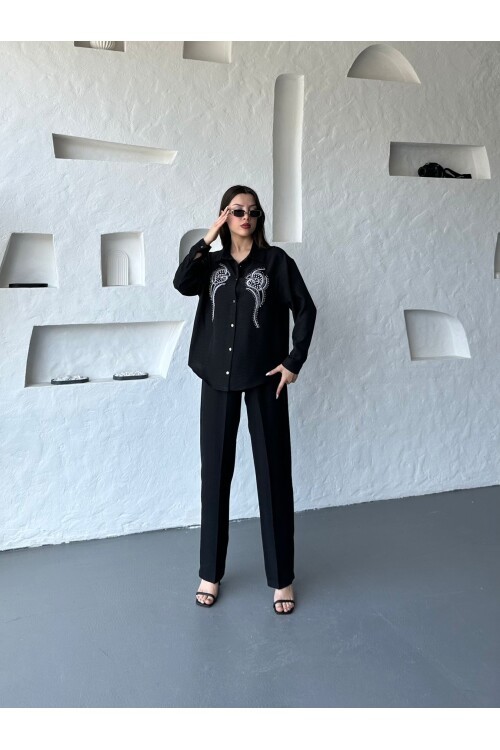 İşleme Detaylı Gömlek & Pantolon Keten İkili Takım