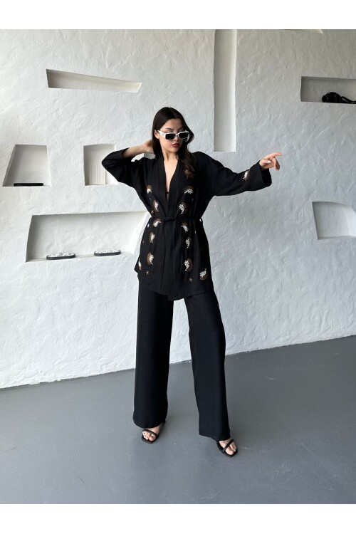 Nakış İşlemeli Kimono & Pantolon İkili Takım