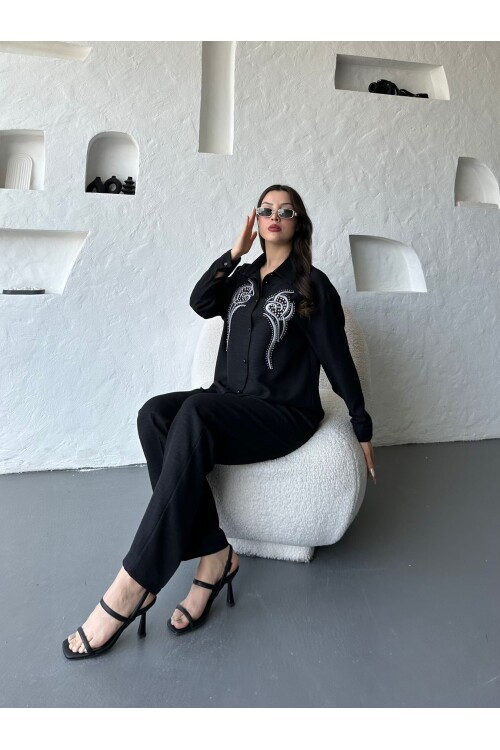 İşleme Detaylı Gömlek & Pantolon Keten İkili Takım