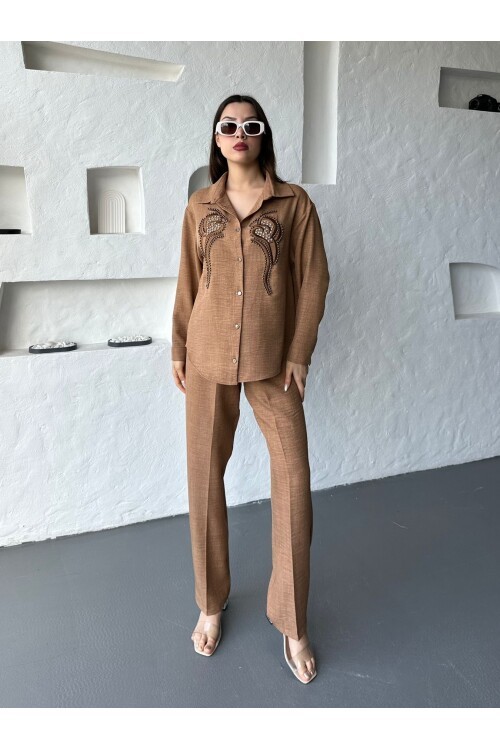 İşleme Detaylı Gömlek & Pantolon Keten İkili Takım