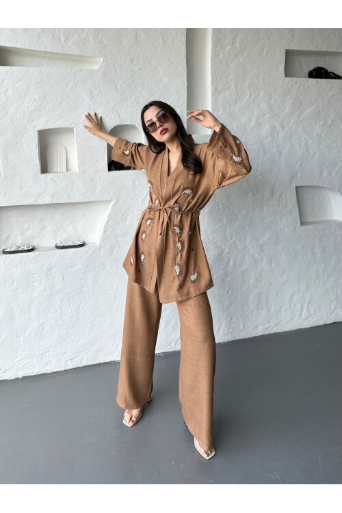 Nakış İşlemeli Kimono & Pantolon İkili Takım