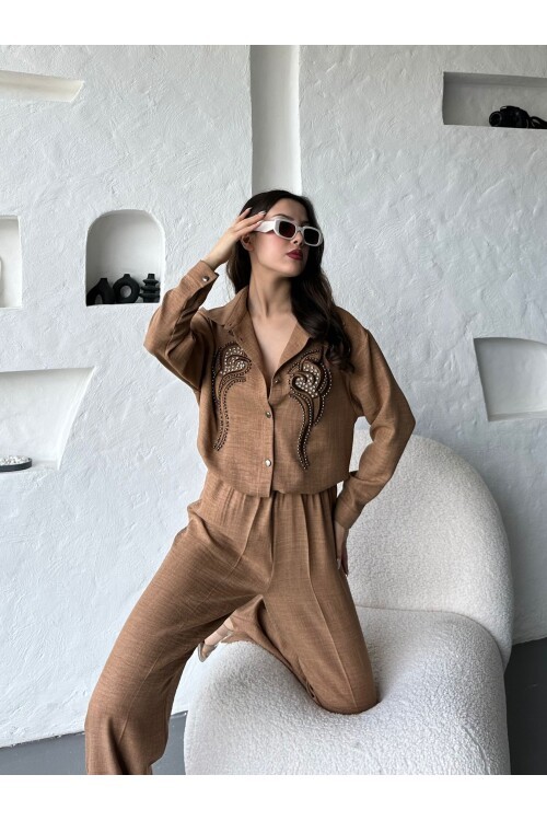 İşleme Detaylı Gömlek & Pantolon Keten İkili Takım