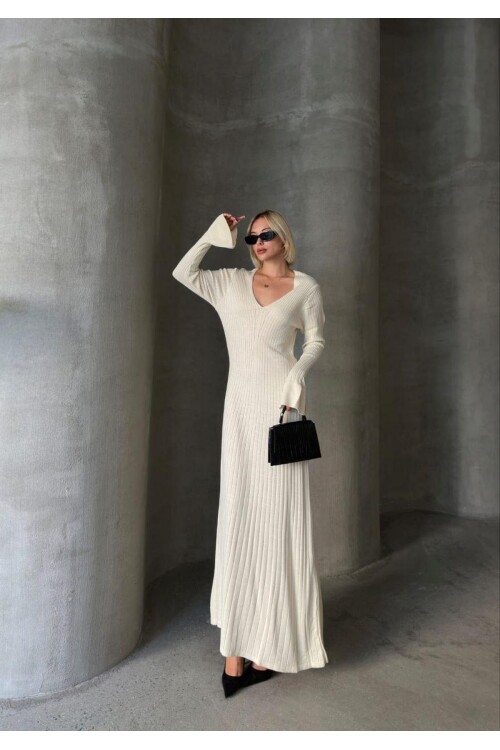 İNCE BEL V YAKA MAXİ TRİKO ELBİSE