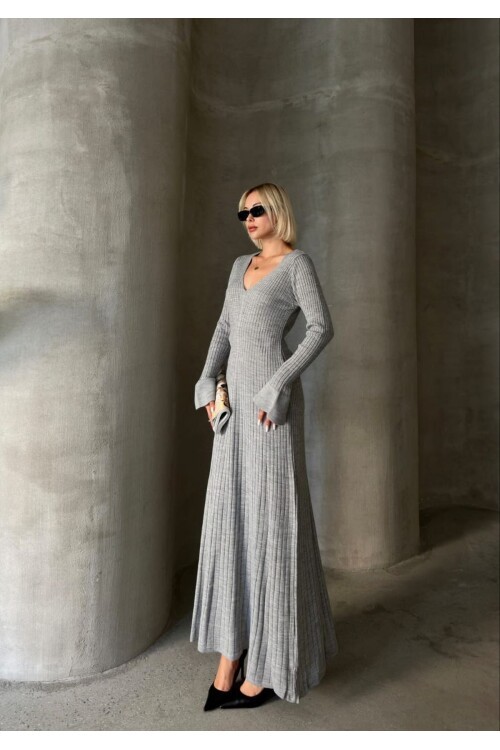 İNCE BEL V YAKA MAXİ TRİKO ELBİSE