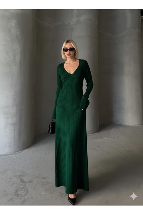 İNCE BEL V YAKA MAXİ TRİKO ELBİSE