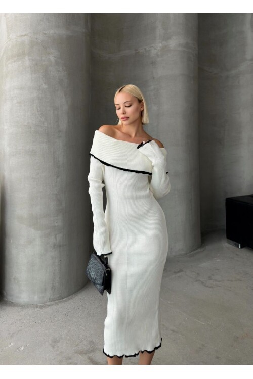 KAYIK YAKA TRİKO ŞERİTLİ ELBİSE