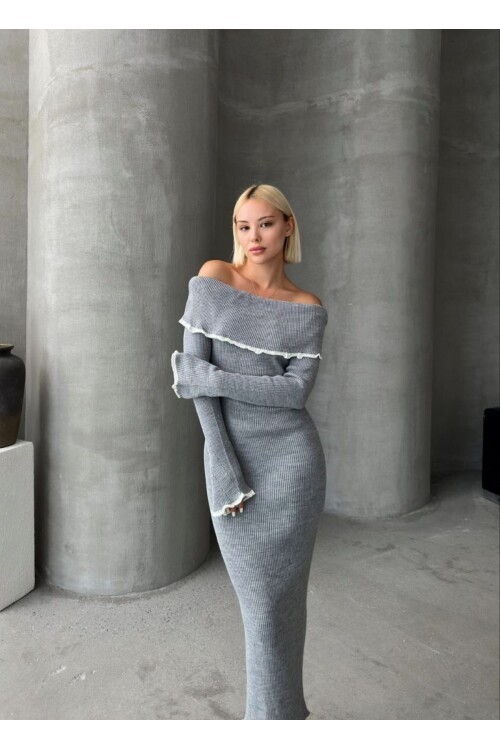 KAYIK YAKA TRİKO ŞERİTLİ ELBİSE