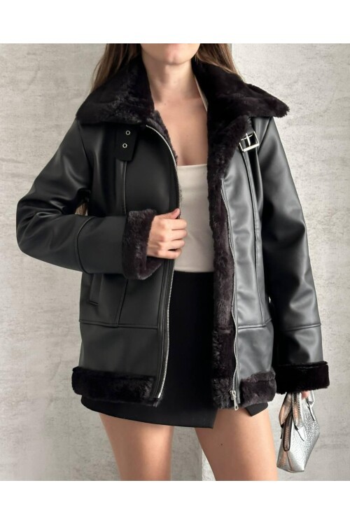 KOL YAKA ETEK KÜRK DETAYLI DERİ MONT