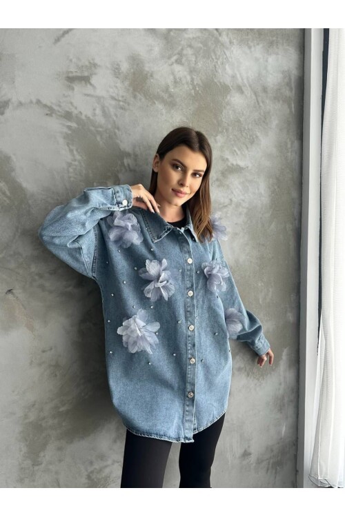 Organze Çiçek Tasarımlı Kot Gömlek