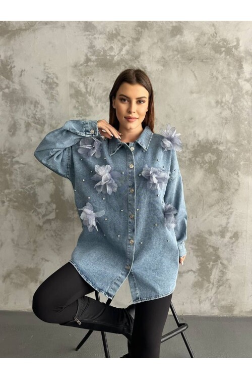 Organze Çiçek Tasarımlı Kot Gömlek