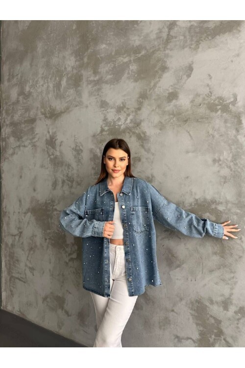 Taş İşlemeli Dökümlü Kot Gömlek