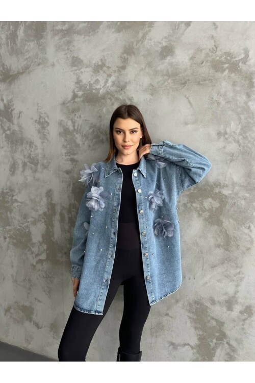 Organze Çiçek Tasarımlı Kot Gömlek