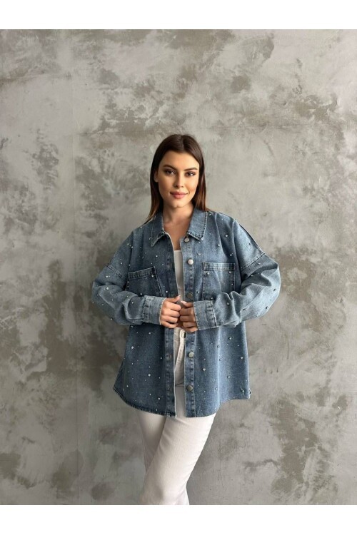 Taş İşlemeli Dökümlü Kot Gömlek