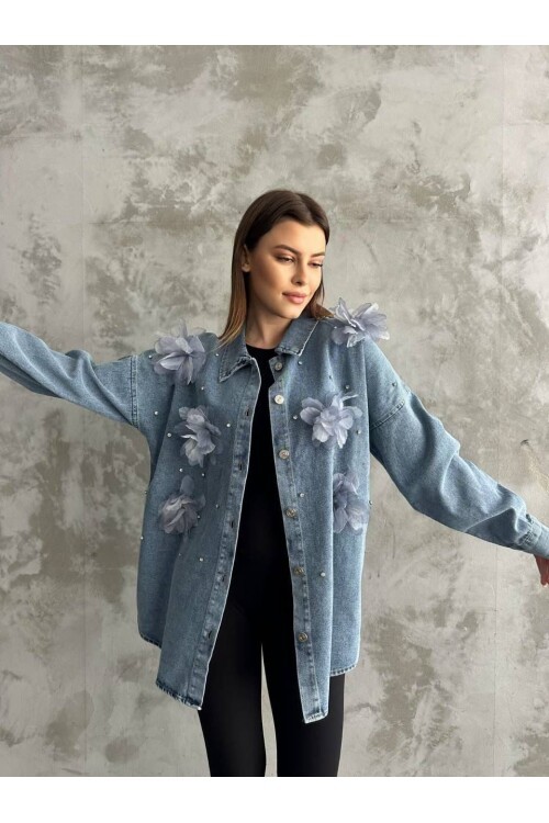 Organze Çiçek Tasarımlı Kot Gömlek