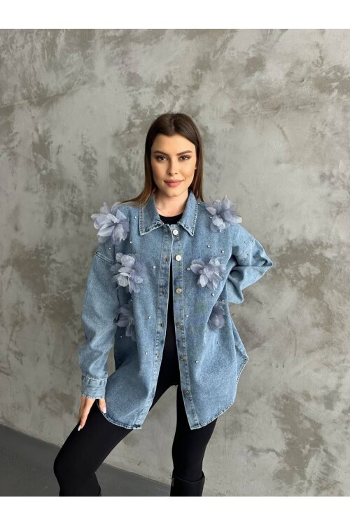 Organze Çiçek Tasarımlı Kot Gömlek