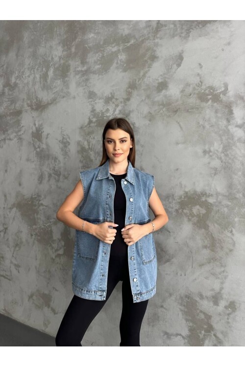 Büyük Cep Detaylı Kot Yelek