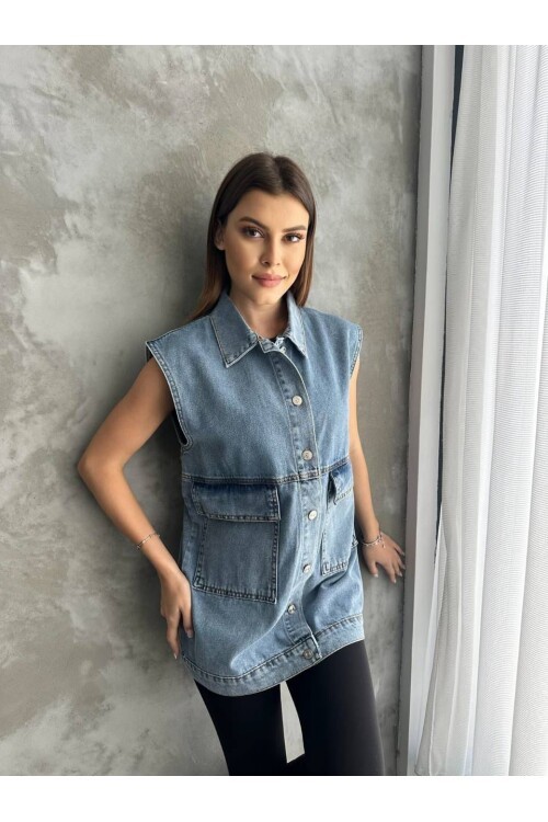 Büyük Cep Detaylı Kot Yelek