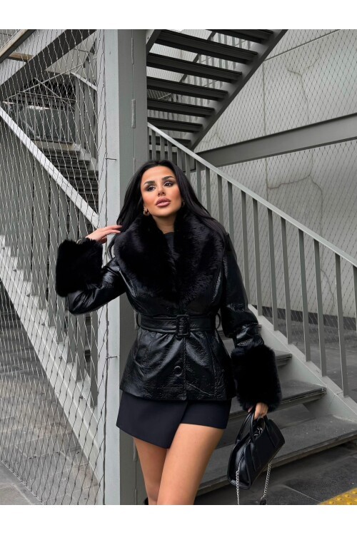 Kürk Detaylı Suni Deri Kaban