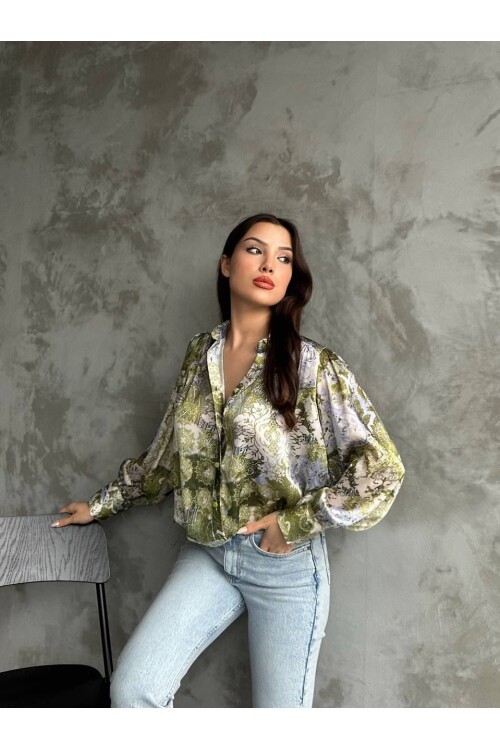 Desenli Dökümlü Saten Gömlek