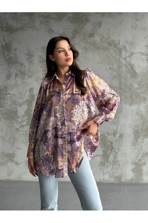 Desenli Dökümlü Saten Gömlek