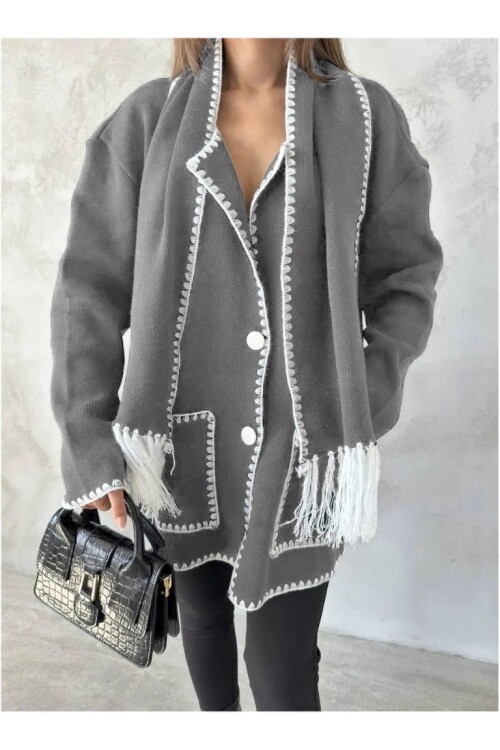 Dikiş Detaylı Atkılı Hırka