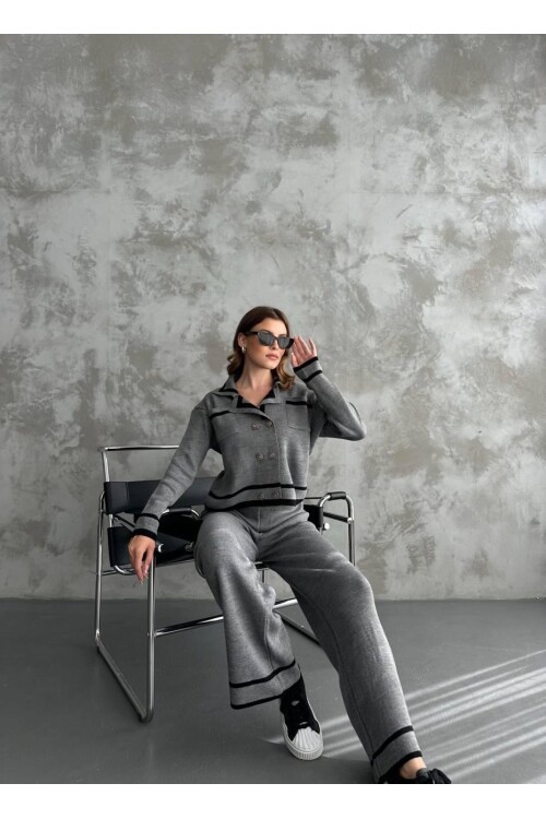 Şerit Detaylı Hırka Pantolon İkili Takım