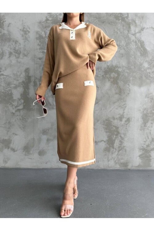 Biye Detaylı Bluz Etek İkili Takım