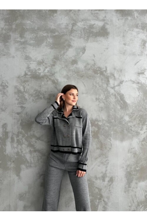 Şerit Detaylı Hırka Pantolon İkili Takım