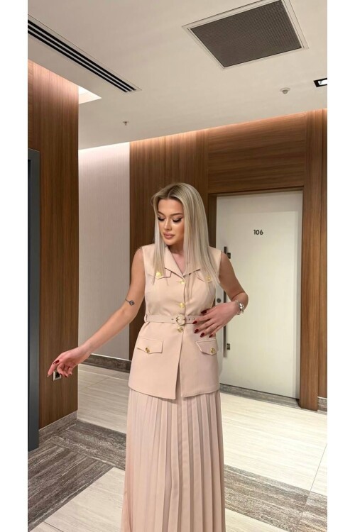 Vatkalı Yelek Etek İkili Takım