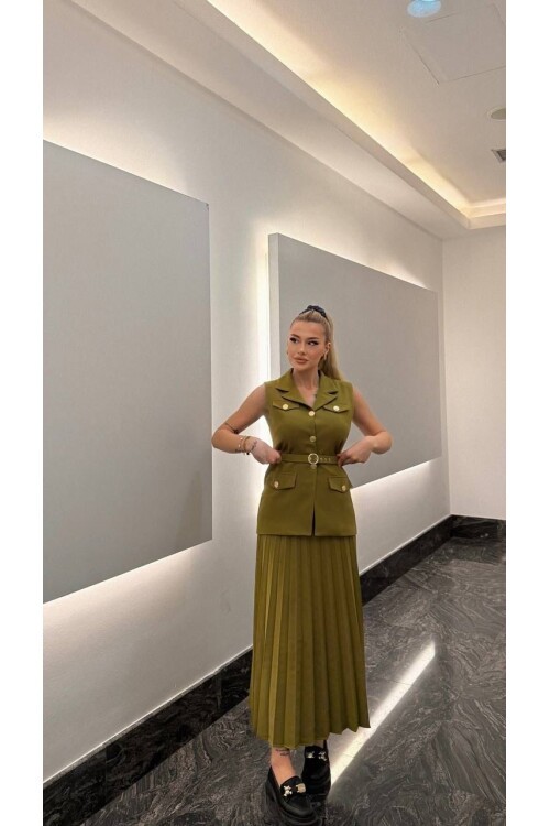 Vatkalı Yelek Etek İkili Takım