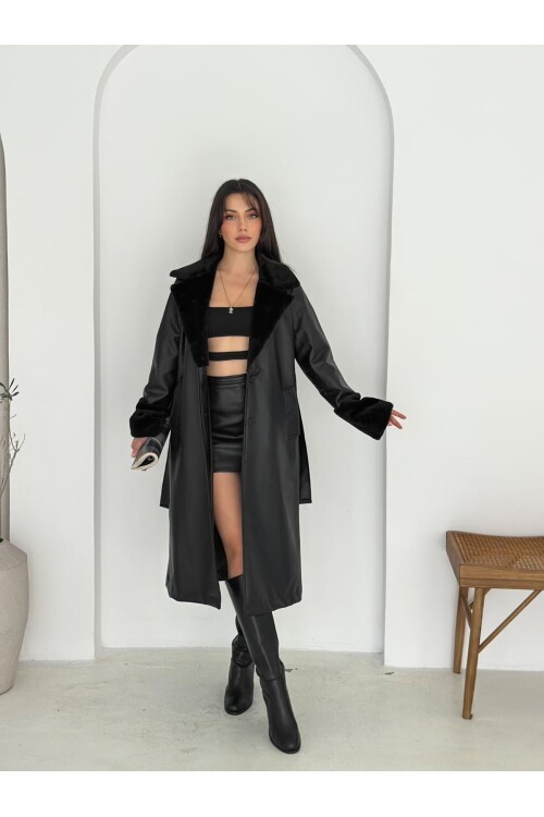 YAKA KOL PELUŞ DETAYLI DERİ TRENÇ