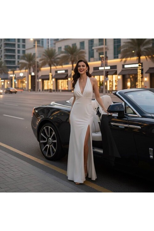 V YAKA BOYUN BAĞLI ELBİSE