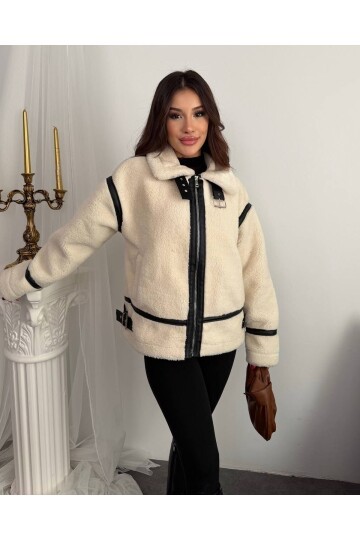 Deri Detaylı Premium Peluş Mont