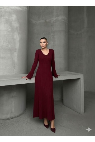 İNCE BEL V YAKA MAXİ TRİKO ELBİSE