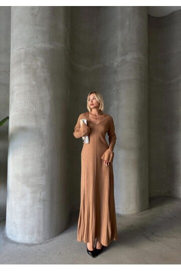 İNCE BEL V YAKA MAXİ TRİKO ELBİSE