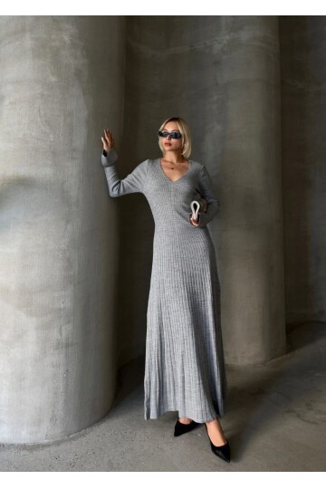 İNCE BEL V YAKA MAXİ TRİKO ELBİSE