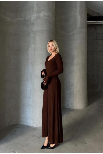 İNCE BEL V YAKA MAXİ TRİKO ELBİSE